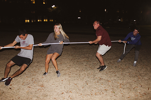 MSU students participate in tug of war as part of the SA's "Battle of the Bulldog" competition.