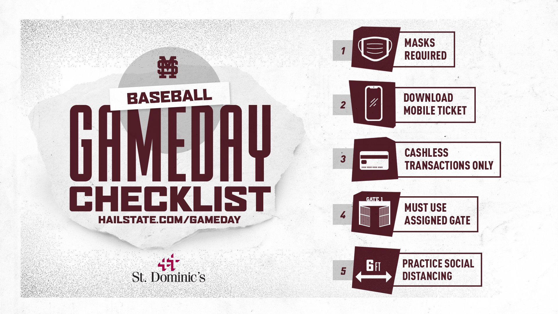 MSU baseball gameday graphic with checklist of reminders for fans