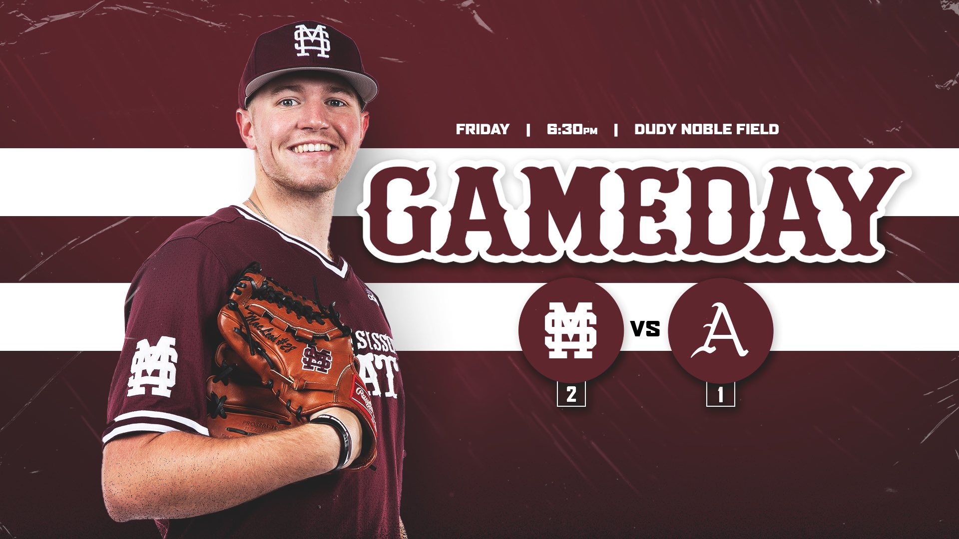 Maroon gameday graphic with image of MSU baseball player Christian MacLeod smiling and wearing a brown baseball glove