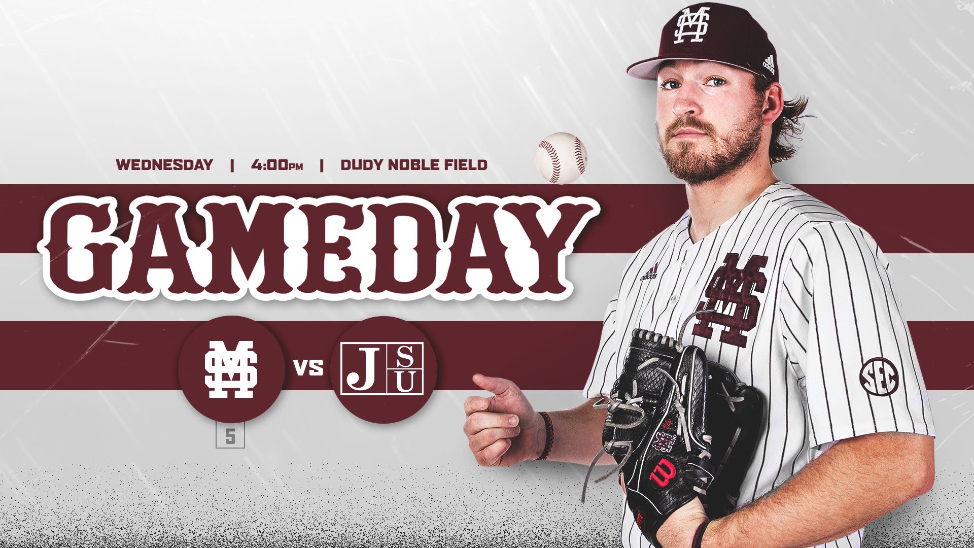 Gameday graphic with MSU baseball player Riley Self wearing a glove and tossing a baseball up in the air