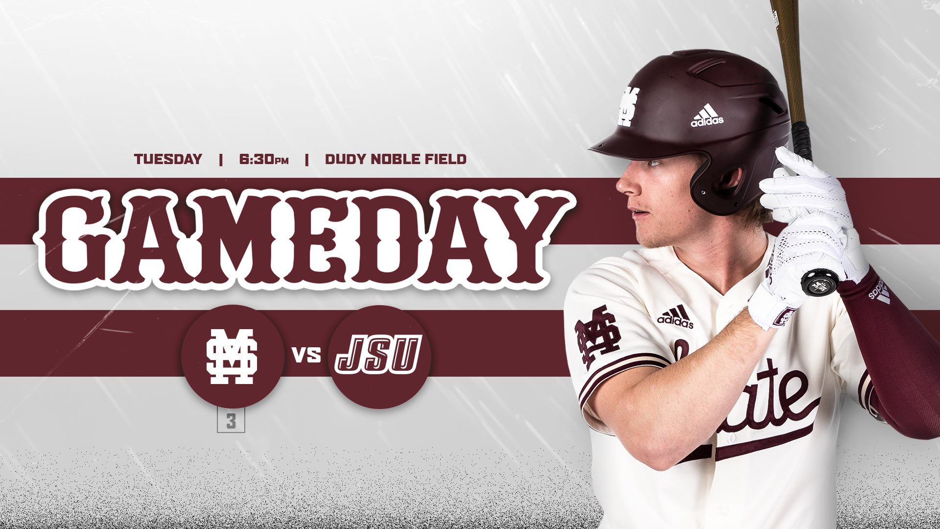 Maroon, white and gray gameday graphic with image of MSU baseball player Rowdey Jordan looking to the left while holding a bat in the air