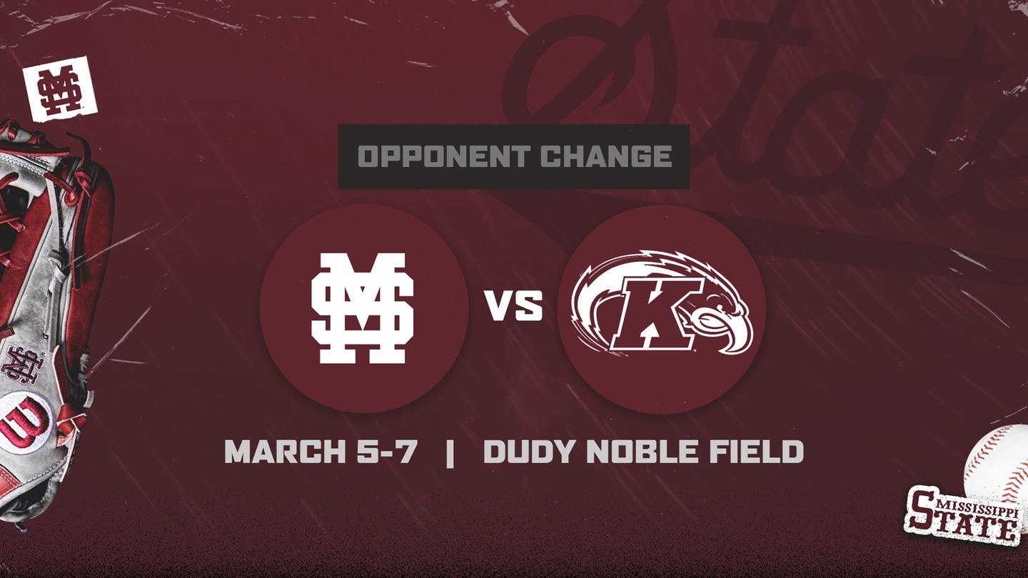 Maroon graphic announcing MSU baseball will play Kent State March 5-7 at Dudy Noble Field
