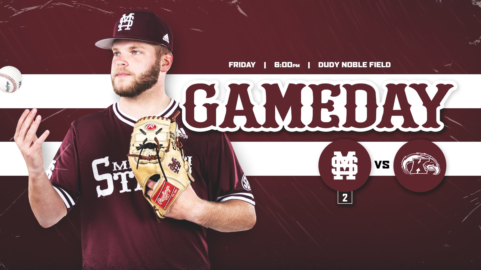 Maroon gameday graphic with image of an MSU baseball player tossing a baseball in the air