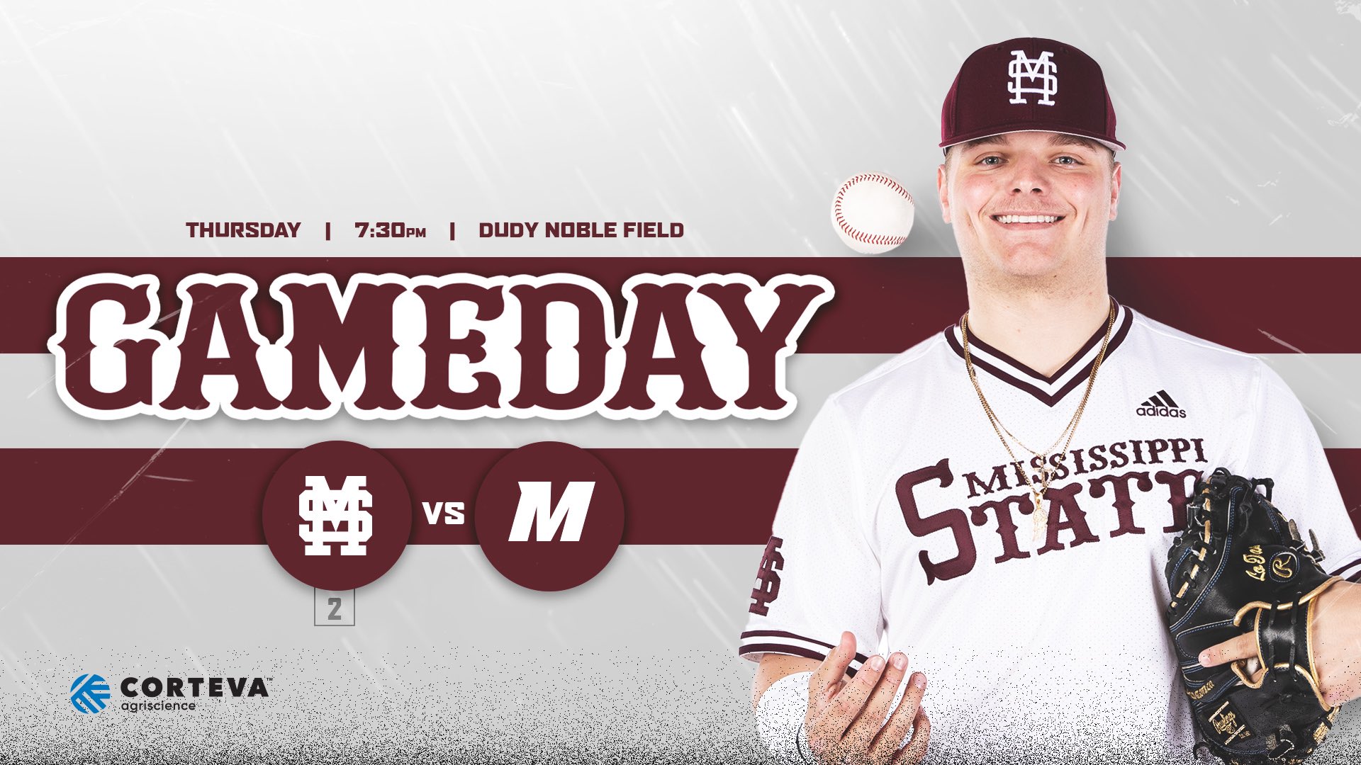 Maroon, white and gray graphic with image of MSU baseball player Logan Tanner smiling and tossing a baseball in the air