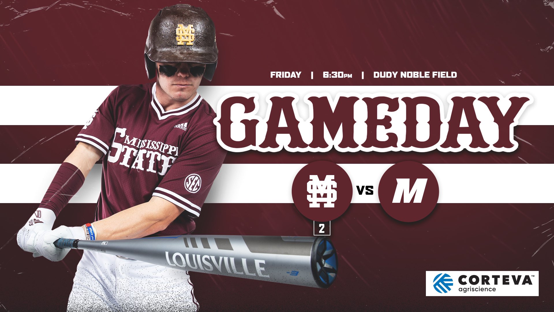 Maroon and white gameday graphic with image of MSU baseball player Tanner Allen swinging a Louisville bat