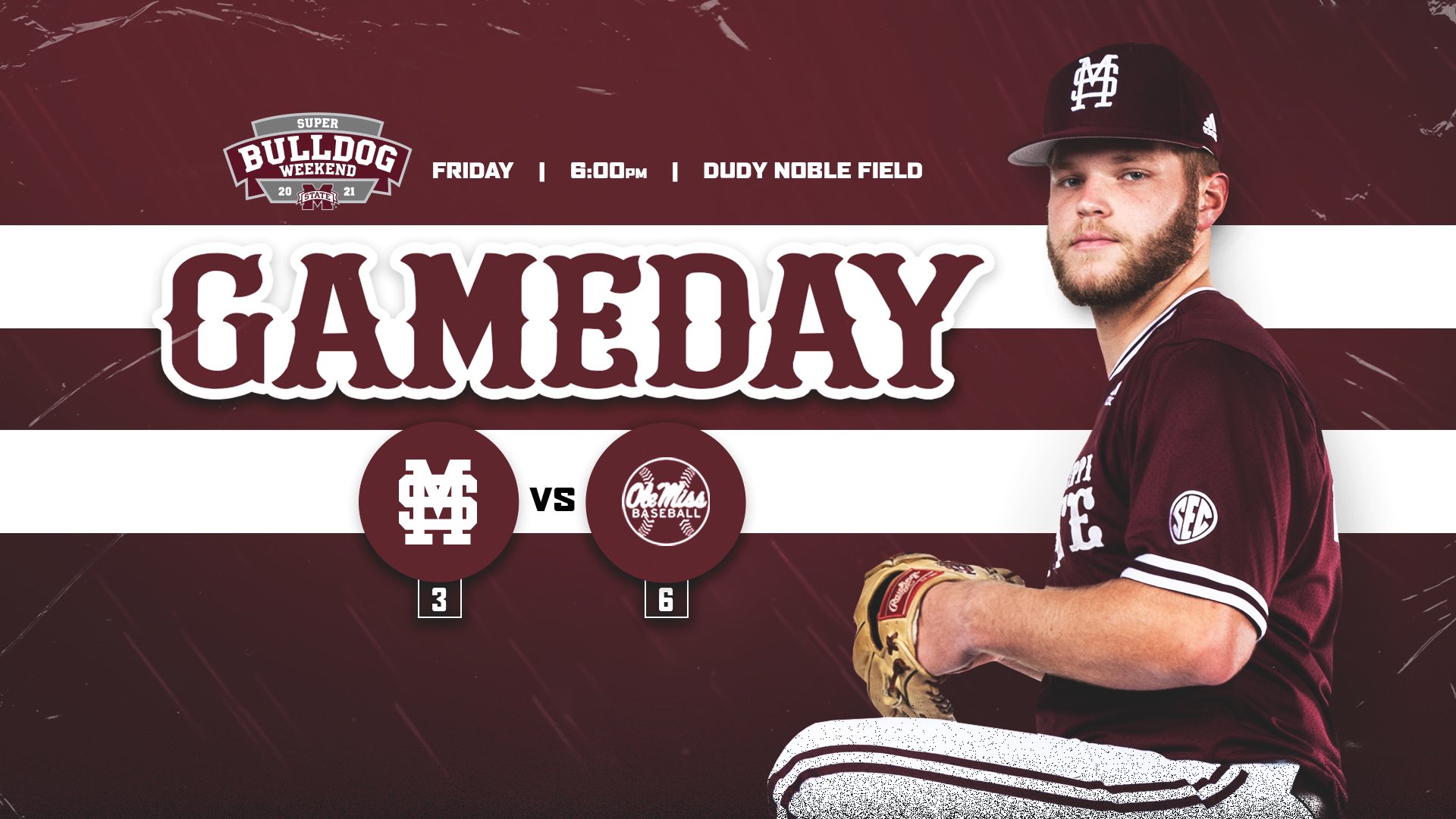 Maroon gameday graphic with image of an MSU baseball player wearing a baseball glove while looking at the camera