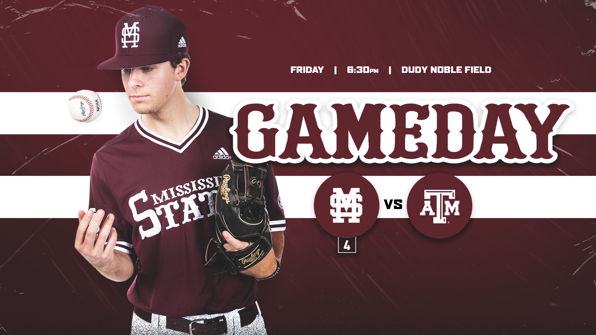 Maroon and white gameday graphic with image of an MSU baseball player tossing a baseball in the air