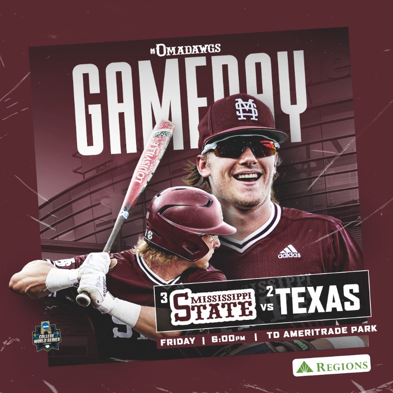 Maroon gameday graphic with images of MSU baseball player Rowdey Jordan smiling and batting