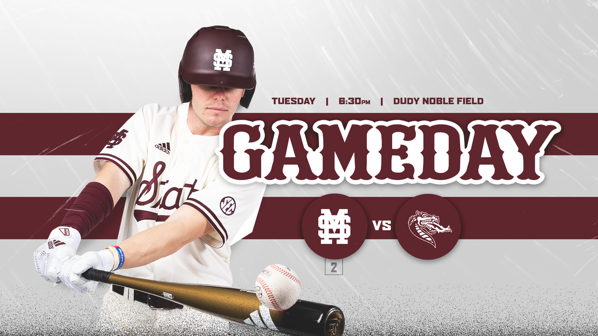 Maroon gameday graphic with image of MSU baseball player Tanner Allen swinging a baseball bat