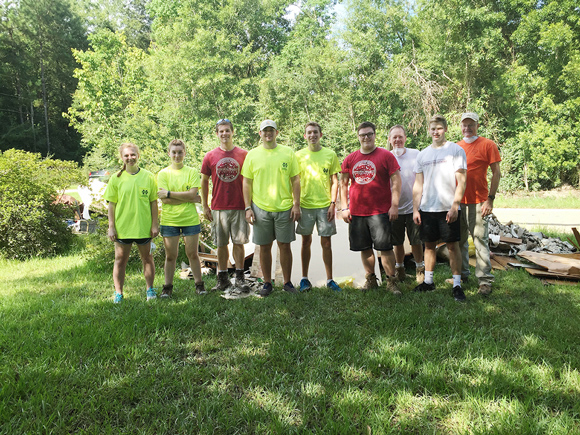 Six Mississippi State students recently teamed with members of Slidell, Louisiana-based nonprofit The Epworth Project to gut a house in Ponchatoula, one of many cities that experienced widespread damage due to last month’s historic flooding in south Louisiana. From left, the team of volunteers included senior building construction science major Regan E. Horn of Slidell, Louisiana; junior building construction science major Cora N. Howell of Kitty Lake, Alaska; Mitch Bearden with The Epworth Project; junior building construction science major Justin R. McKenzie of Hernando; junior building construction science major Jonathan L. “Jon Luke” Cave of Eads, Tennessee; sophomore mechanical engineering major Nicholas R. “Nick” Eldred of Slidell, Louisiana; Rick Eldred with The Epworth Project; freshman business administration major Ryan C. Hammers of Brentwood, Tennessee; and Ron Davis with The Epworth Project. (Photo submitted by Laura Mitchell)