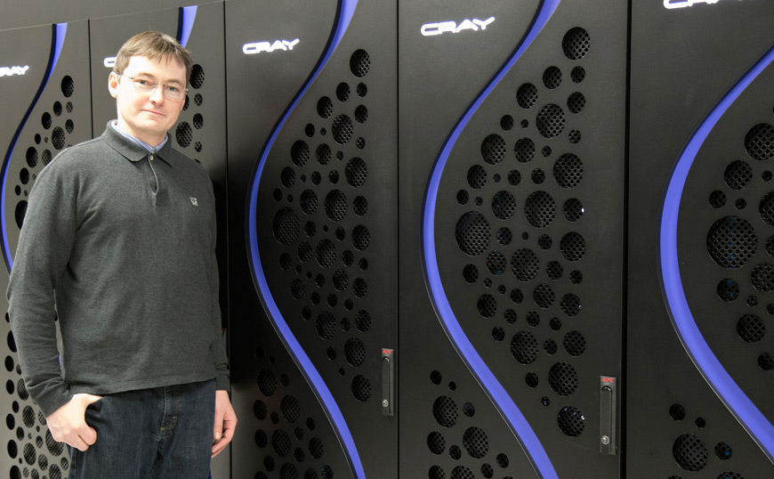 Mississippi State researcher and faculty member Bohumir Jelinek creates computational models that may help states predict flooding. He is pictured with supercomputing equipment at MSU’s High Performance Computing Collaboratory. (Photo by Diane Godwin)