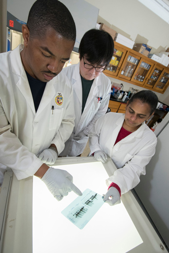 Dr. Bindu Nanduri of Mississippi State (at right) recently uncovered new information about the genes in S. pneumoniae, a common bacterium associated with ear infections and pneumonia. She and university colleagues Allen Shack (left) and Dr. Seongbin Park are hopeful the finding can be used to develop better treatment and vaccine options. (Photo by Tom Thompson)