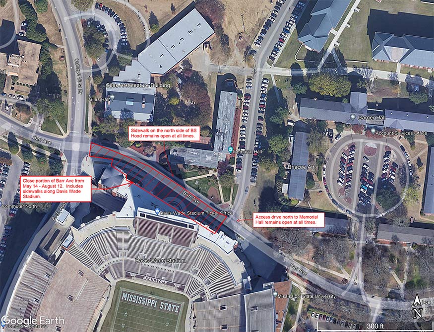 Map showing Barr Ave. road closure for new north video board