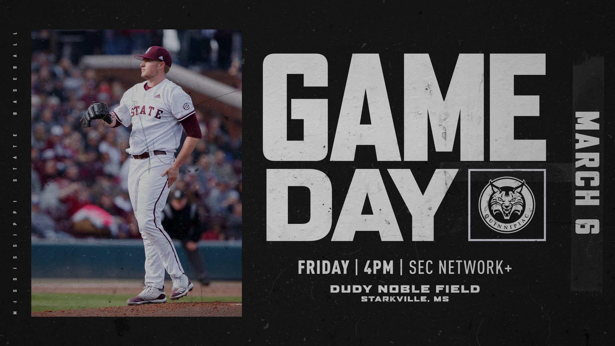 Promotional gameday graphic for MSU Baseball vs. Quinnipiac