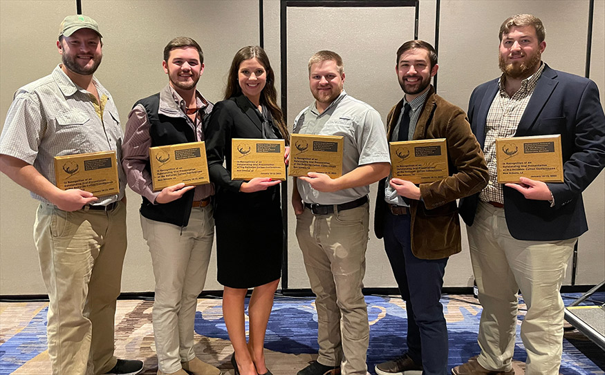 MSU graduate student winners at the 2023 Beltwide Cotton Conference include, left to right, Michael Huoni, Leland; Brett Farmer, Greenwood; Mary Jane Lytle, Pine Bluff, Arkansas; Judge Fortenberry, Calhoun, Louisiana; Thomas Paul, Bloomfield Hills, Michigan; and Sawyer Hopkins, Selma, Alabama. 