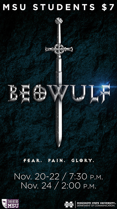 A silver sword in front of a blue background with text about Beowulf performance times