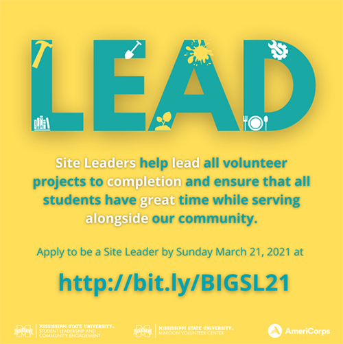 Teal and yellow graphic with information about how to become a Site Leader for The MSU Big Event