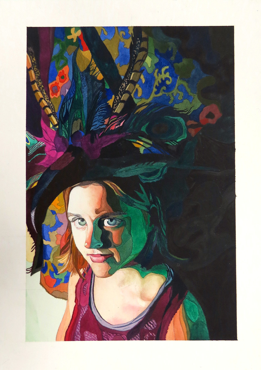 “Bird Eyes,” a watercolor self-portrait by senior Anna K. “Katie” Erickson of Madison, is among the works by MSU students to be featured in the summer issue of Creative Quarterly, one of the world’s premier art and design publications. (Photo submitted by Katie Erickson)