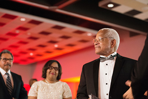 Richard Holmes, the first African-American student to enroll at Mississippi State and namesake of the Holmes Cultural Diversity Center, attends the university’s 2016 Black Alumni Weekend semi-formal gala. This year’s BAW is among programs being held in celebration of Black History Month. (Photo by Megan Bean)