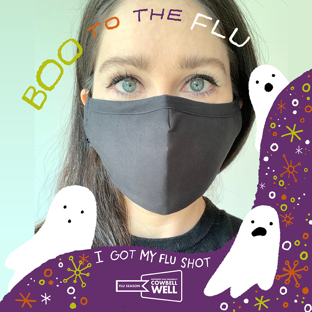 "Boo to the Flu" graphic with cartoon ghosts and the image of a girl wearing a gray mask