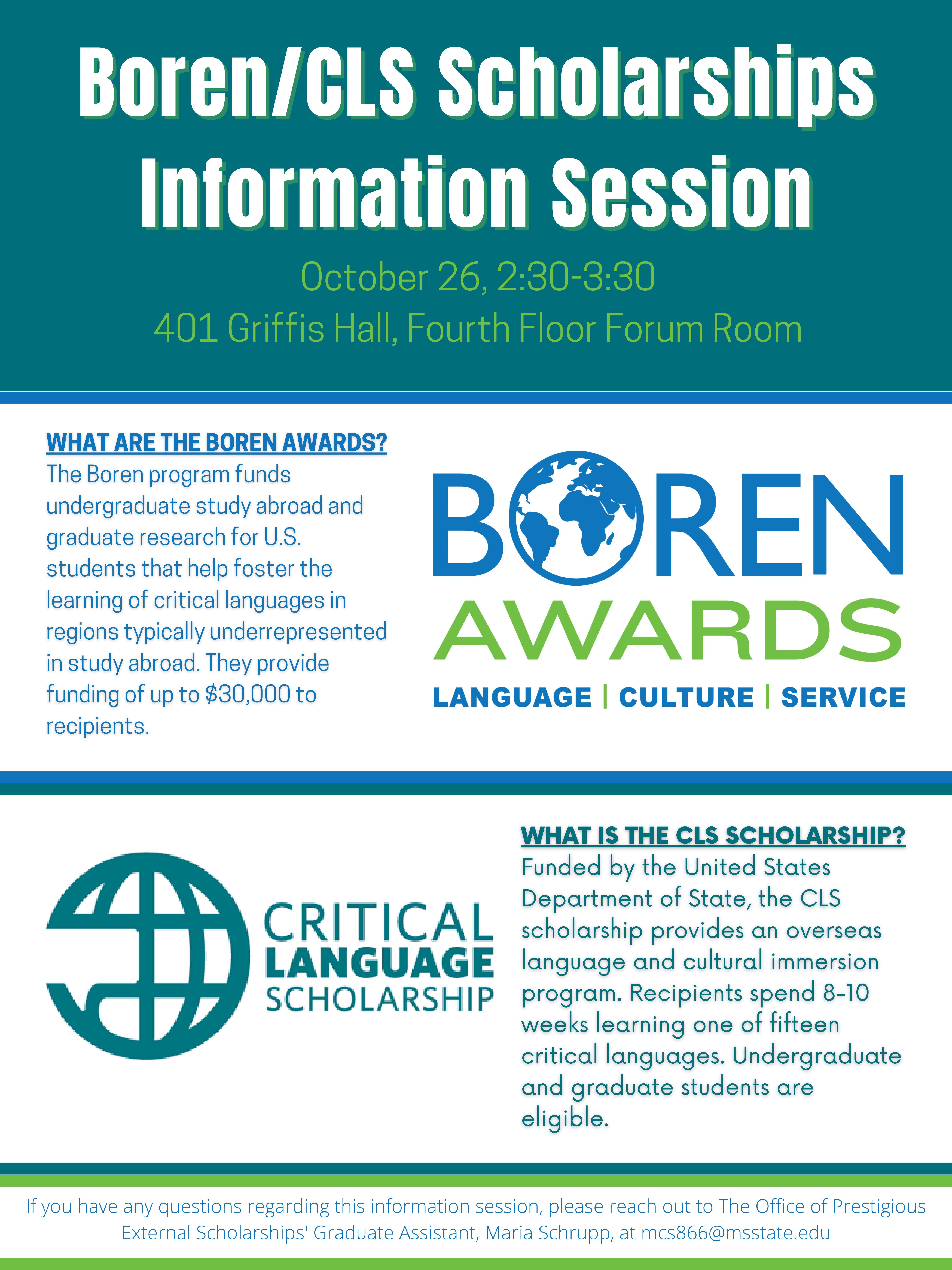 Teal, green and white graphic promoting MSU's information session for Boren Awards and the Critical Language Scholarship