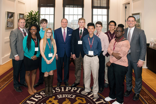 The newly designated Borlaug Scholars enjoyed a full day at MSU learning about food security, including a chance to meet with MSU President Mark E. Keenum, a longtime proponent of food security. Pictured (left-right) are Scott Willard, associate dean of MSU’s College of Agriculture and Life Sciences; Nyshedra Jordan, Thomas Shaw, and Angelique Wilson all of Golden Triangle Early College High School; Keenum; Gabe Entrekin of Poplarville High School; Charles Smith, David Burnett, and Christian Williamson of Golden Triangle Early College High School; Mary Lurks of Wingfield High School; and Keegan Kautzky, director of national programs for the World Food Prize.  (Photo by Beth Wynn)