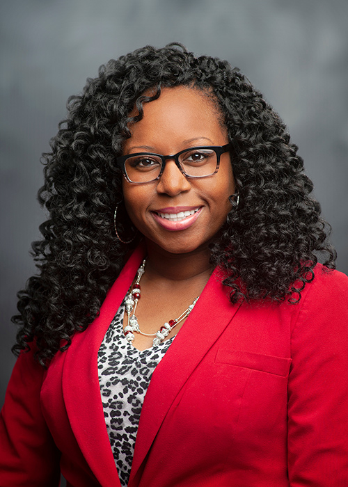 Close up studio portrait of Pamela Bracey