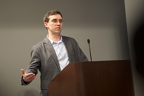 Brent Kendall, a legal affairs reporter for the Wall Street Journal, speaks at Mississippi State on Thursday [March 1] as part of the university’s Lamar Conerly Governance Lecture Series. (Photo by Russ Houston)