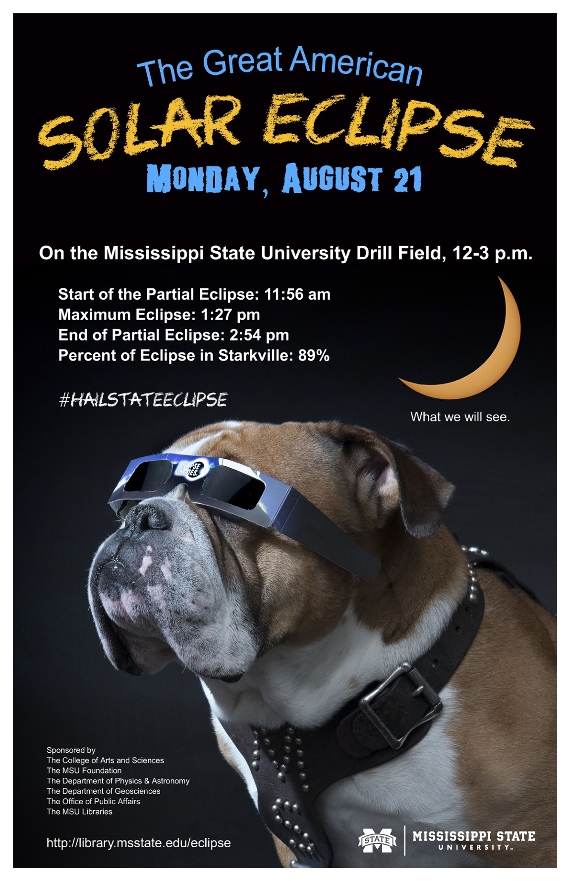 Bulldog wearing eclipse glasses in promotion of watching the solar eclipse on the Drill Field