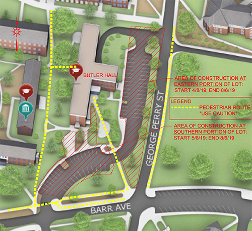 Construction will impact the Butler Hall parking lot beginning Monday [April 8] and lasting until August 6. 