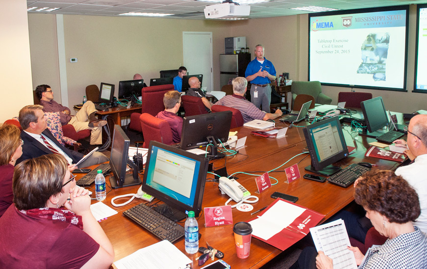Todd DeMuth, exercise bureau director with the Mississippi Emergency Management Agency, facilitated at tabletop exercise Friday [Sept. 25] for MSU’s Crisis Action Team. (Photo by Beth Wynn)