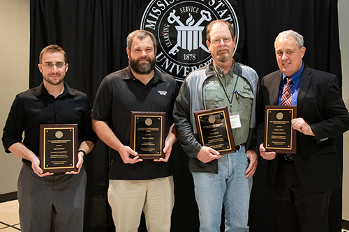 Faculty excellence award winners Assistant Professor Garrett Street, Assistant Professor Marcus Lashley, Professor David Evans and Extension Professor Stephen Dicke took home the categories of research, early career, teaching and service, respectively. (Photo by David Ammon)