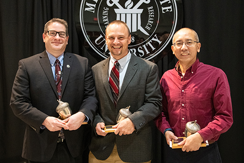 Professor and Head Andrew Kouba, Professor and Head Rubin Shmulsky and Professor Changyou Sun were all awarded prestigious professorships. Kouba is now the Dale H. Arner Professor of Wildlife Ecology and Management; Shmulsky has been named the Warren S. Thompson Professor of Wood Science; and Sun is the George L. Switzer Professor of Forestry. (Photo by David Ammon)