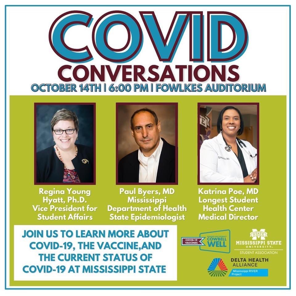 COVID Conversations graphic with photos of Regina Young Hyatt, Paul Byers and Dr. Katrina Poe