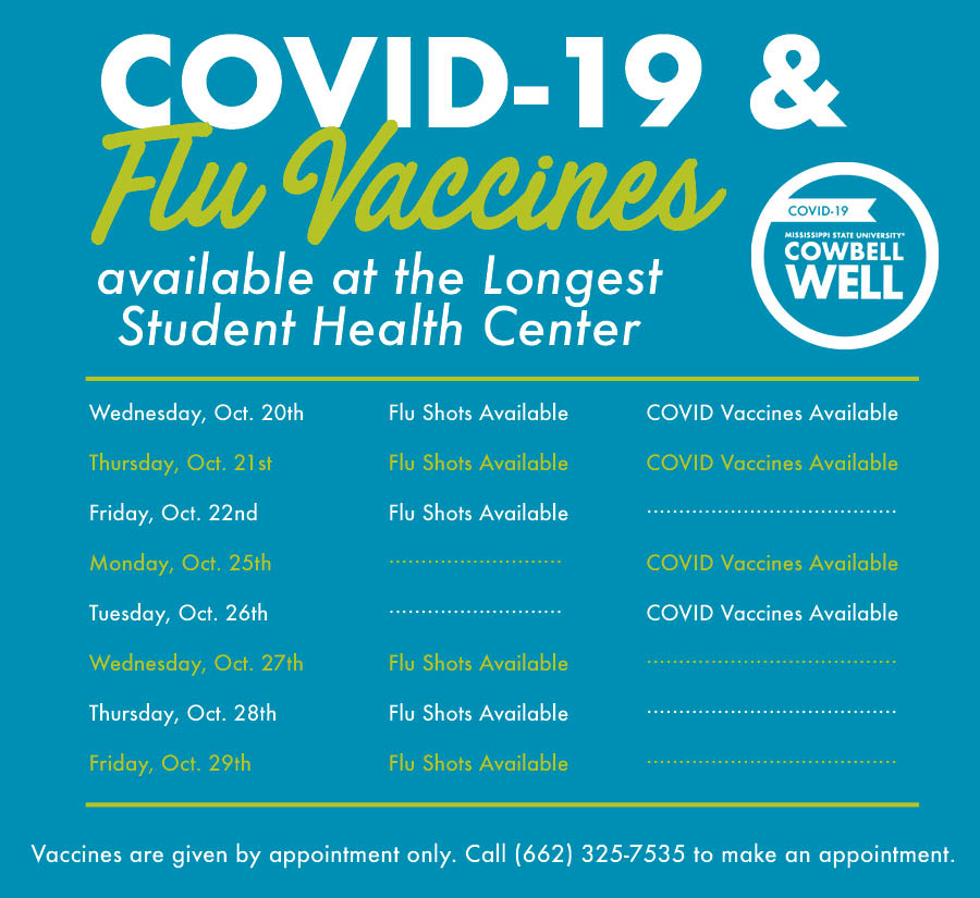 Teal and green graphic announcing clinic dates for COVID-19 and flu vaccines at the Longest Student Health Center