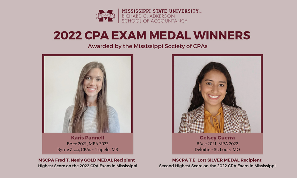 An illustration featuring photos of Karis Pannel and Gelsey Guerra, who scored the highest on Mississippi's 2022 certified public accountancy state exam