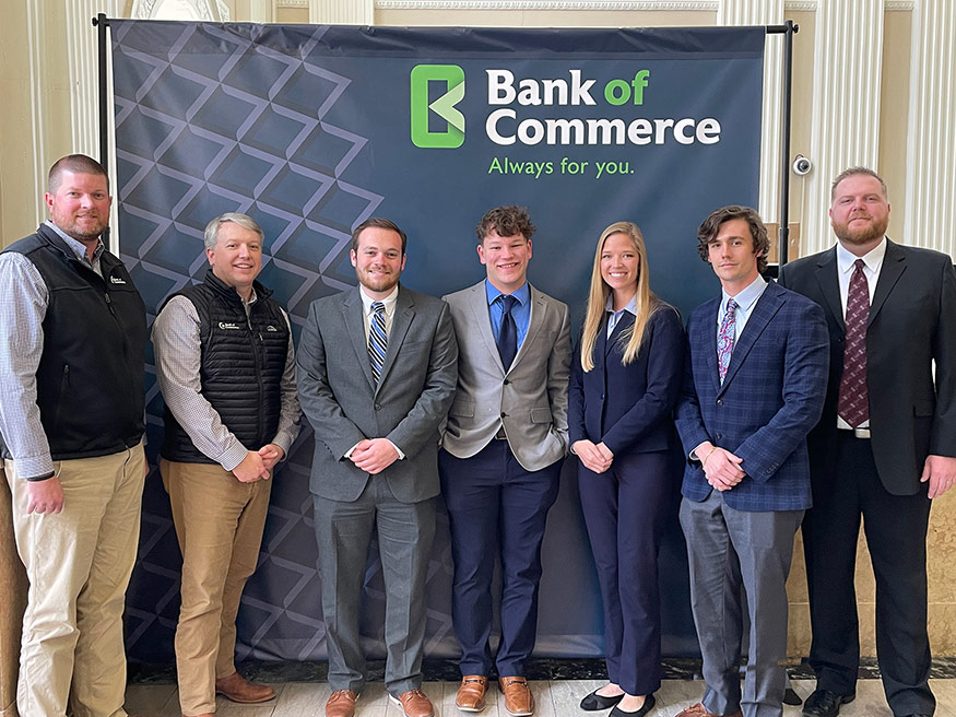 Pictured, from left, are Bank of Commerce Chief Credit Officer and EVP Clifton Thach; Bank of Commerce Chief Financial Officer and EVP Zach Luke; MSU finance students Peyton Randazzo of Dawsonville, Georgia; Eric Sudduth of Louisville; Annabelle Peck of The Colony, Texas; Von Churchwell of Memphis, Tennessee; and faculty advisor and Assistant Clinical Professor of Finance Matthew Whitledge.