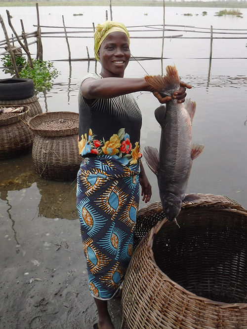 A woman in Nigeria is pictured with a harvest before it is sent to market.