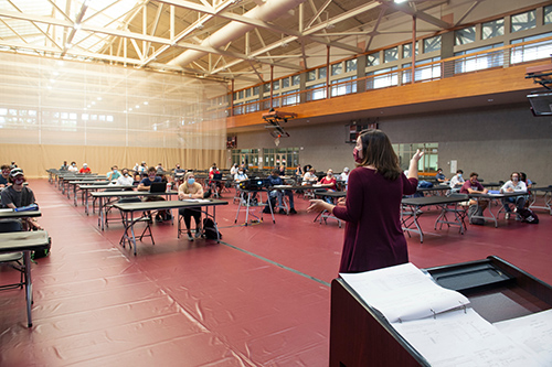 Abigail Good teaches calculus in the Sanderson Center gymnasium.