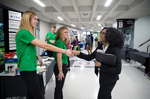 Kayla A. Dowd-Davis, a May 2018 MSU finance/risk management and insurance graduate from Jackson, spoke with representatives from International Paper during the university’s Career Days event held this past spring. Career Days return Tuesday and Wednesday [Sept. 25 and 26] to Humphrey Coliseum, where students and alumni can discuss their career goals and dreams with more than 190 employer representatives from around the country. (Photo by Megan Bean)