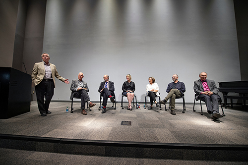 Former CAAD Dean Jim West introduces former MSU faculty and administrators for a panel discussion about the Fred Carl Jr. Small Town Center’s 40-year impact.