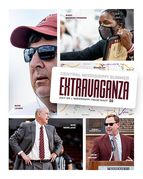 Central Mississippi Summer Extravaganza graphic with images of MSU coaches Mike Leach, Nikki McCray-Penson and Ben Howland and MSU Athletic Director John Cohen