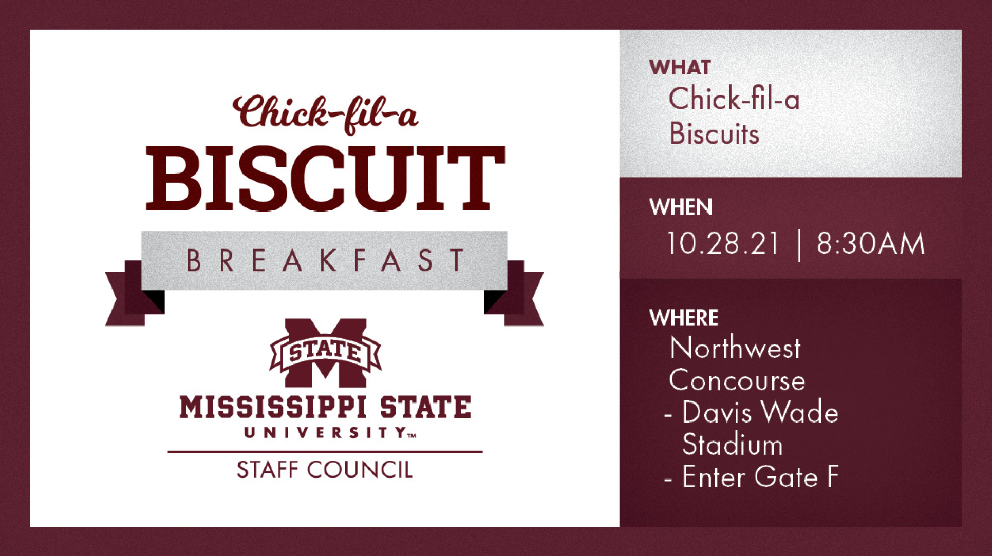 Maroon, white and graphic promoting MSU Staff Council's Chick-Fil-A Breakfast event for MSU staff
