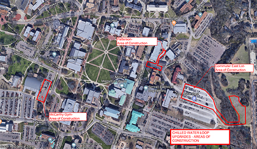 A map depicts campus construction areas. 