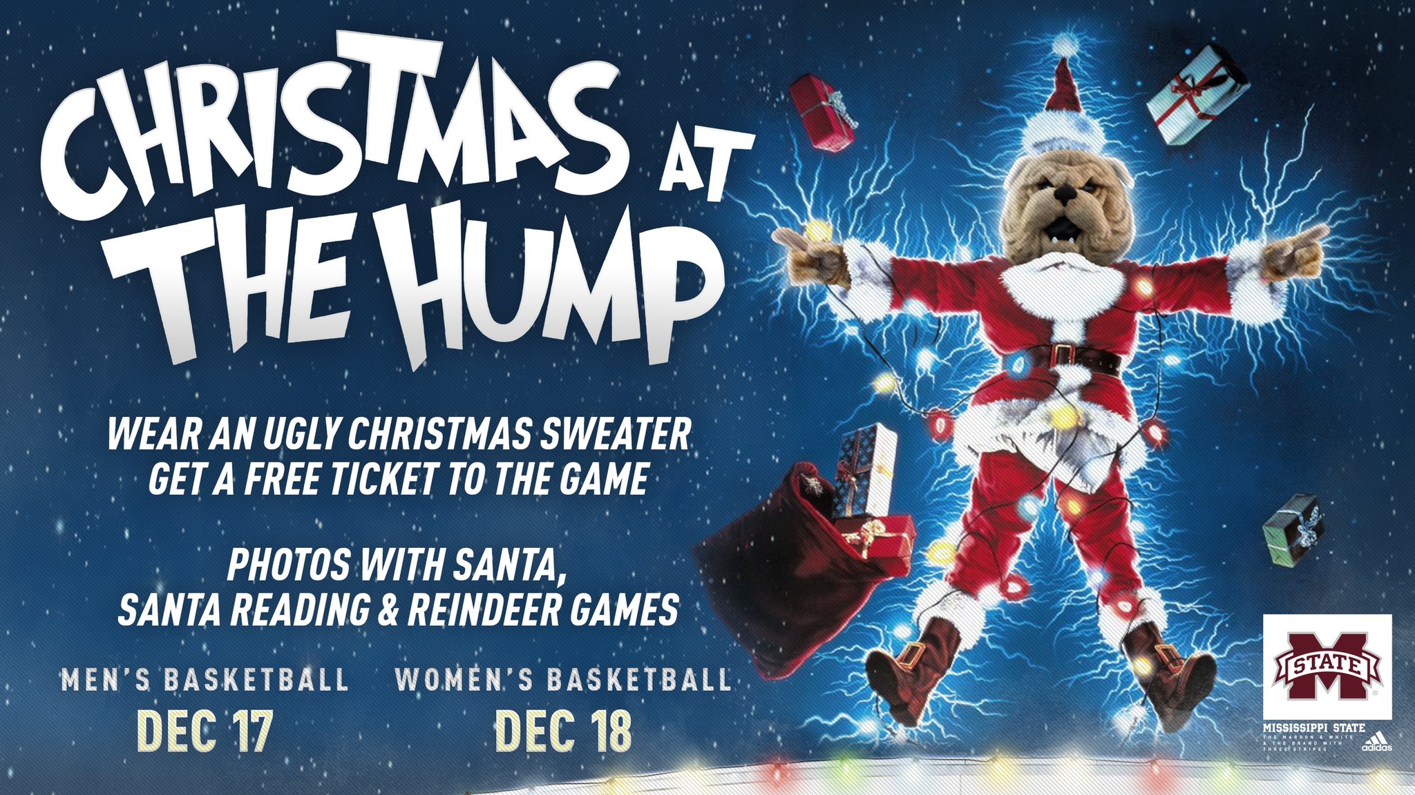 Christmas at the Hump graphic with image of Bully in a Santa suit wrapped in Christmas lights