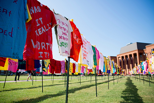 Sponsored by Mississippi State’s Department of Health Promotion and Wellness, the Clothesline Project is returning to the university’s historic Drill Field. On display Tuesday-Thursday [Sept. 26-28], the annual campus display is part of a national effort to promote public awareness, healing and support for those affected by violence. (Photo by Sarah Tewolde)