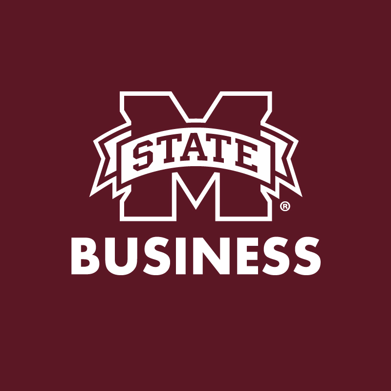 "M-State" and "College of Business" in white letters on a maroon background
