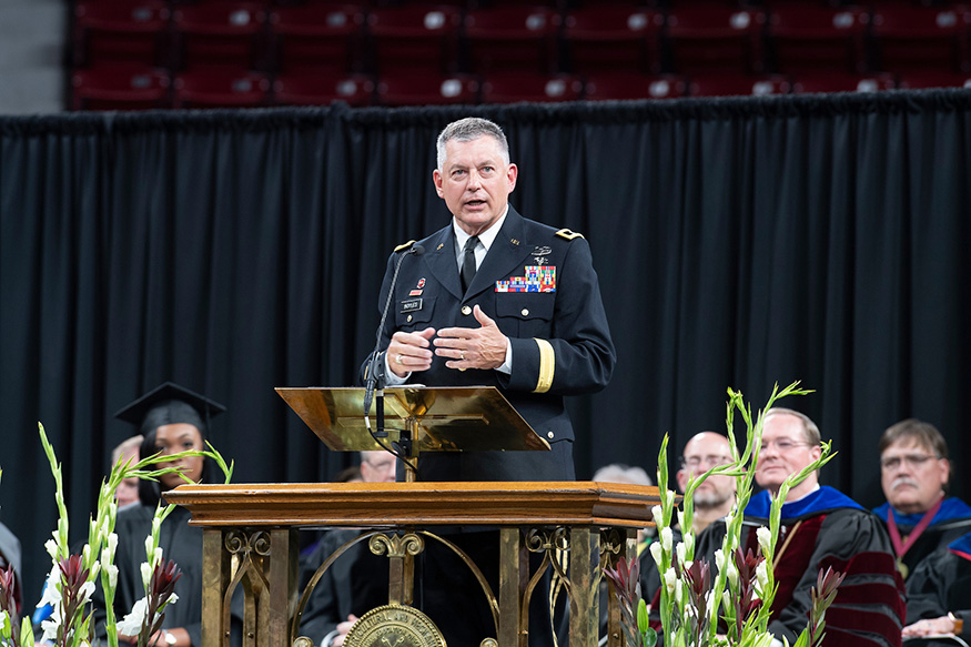 Maj. Gen. Janson D. “Durr” Boyles delivered the commencement address for three spring graduation ceremonies at Mississippi State May 2 and 3. Among his advice to MSU grads, Boyles said, “measure your success by the number of men and women who will succeed as a result of your contribution to their success.” (Photo by Beth Wynn)