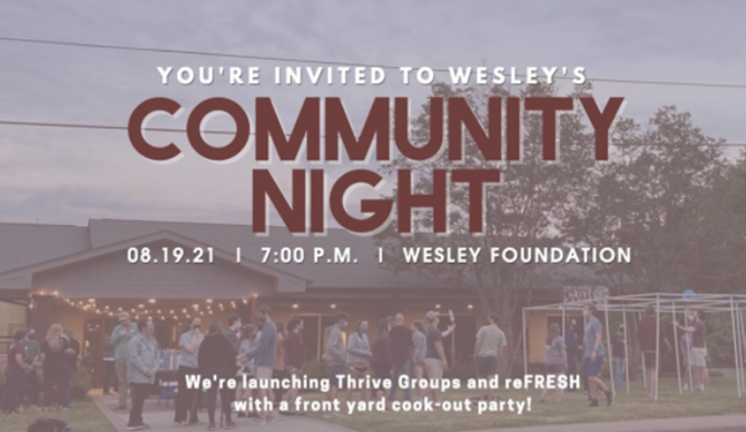 Community Night graphic with image of MSU students on the front lawn of the MSU Wesley Foundation building