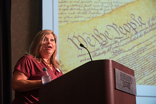 Mississippi College School of Law Professor Meta S. Copeland speaks to MSU students during a U.S. Constitution Day program.